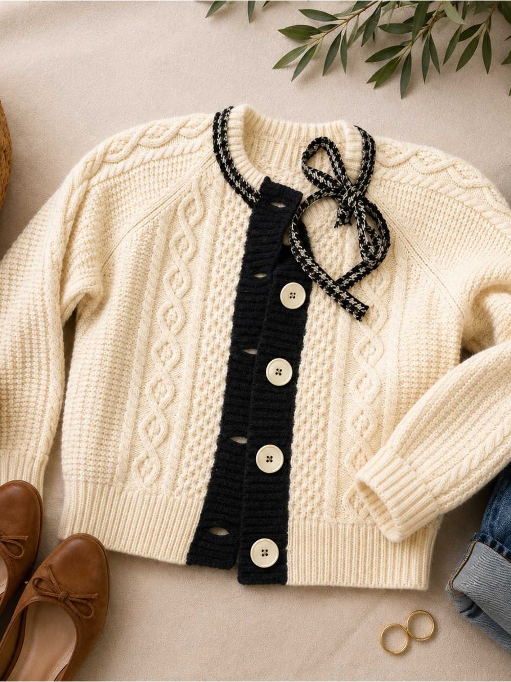 Anthropologie The Reeds 100% Wool Cable Knit Bow Cardigan Ivory M